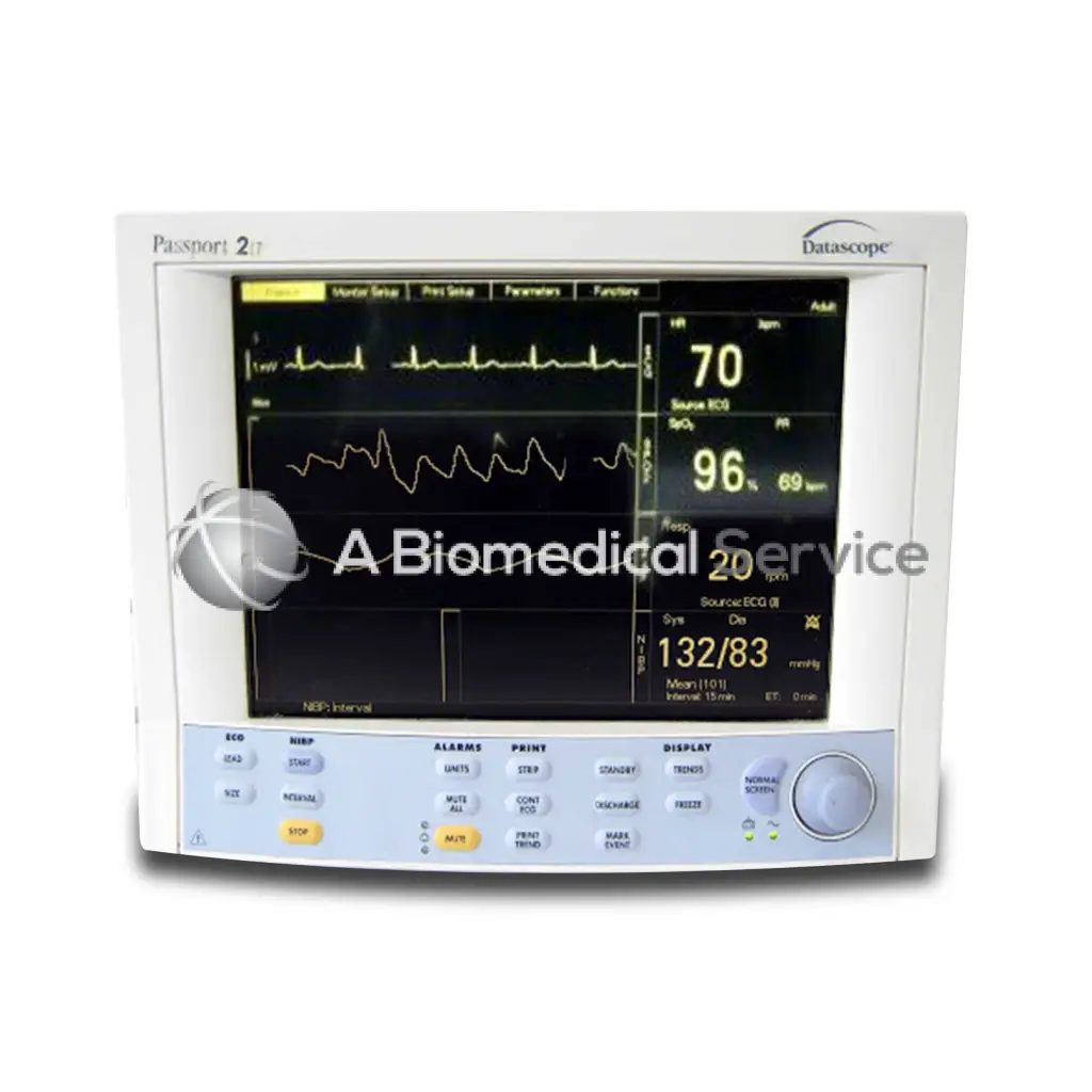 Datascope Passport 2LT patient monitor white and light blue displaying vital signs heart rate blood pressure and ecg readings
