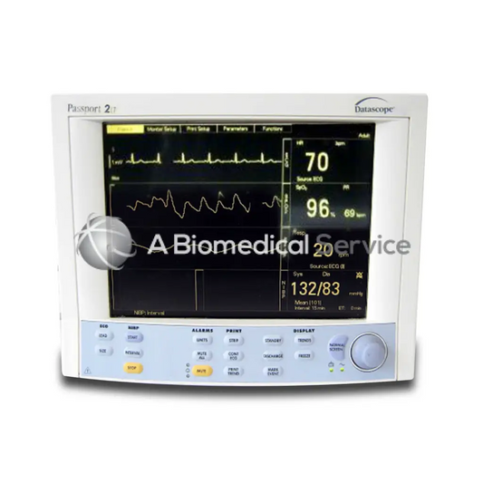 Datascope Passport 2LT patient monitor white and light blue displaying vital signs heart rate blood pressure and ecg readings