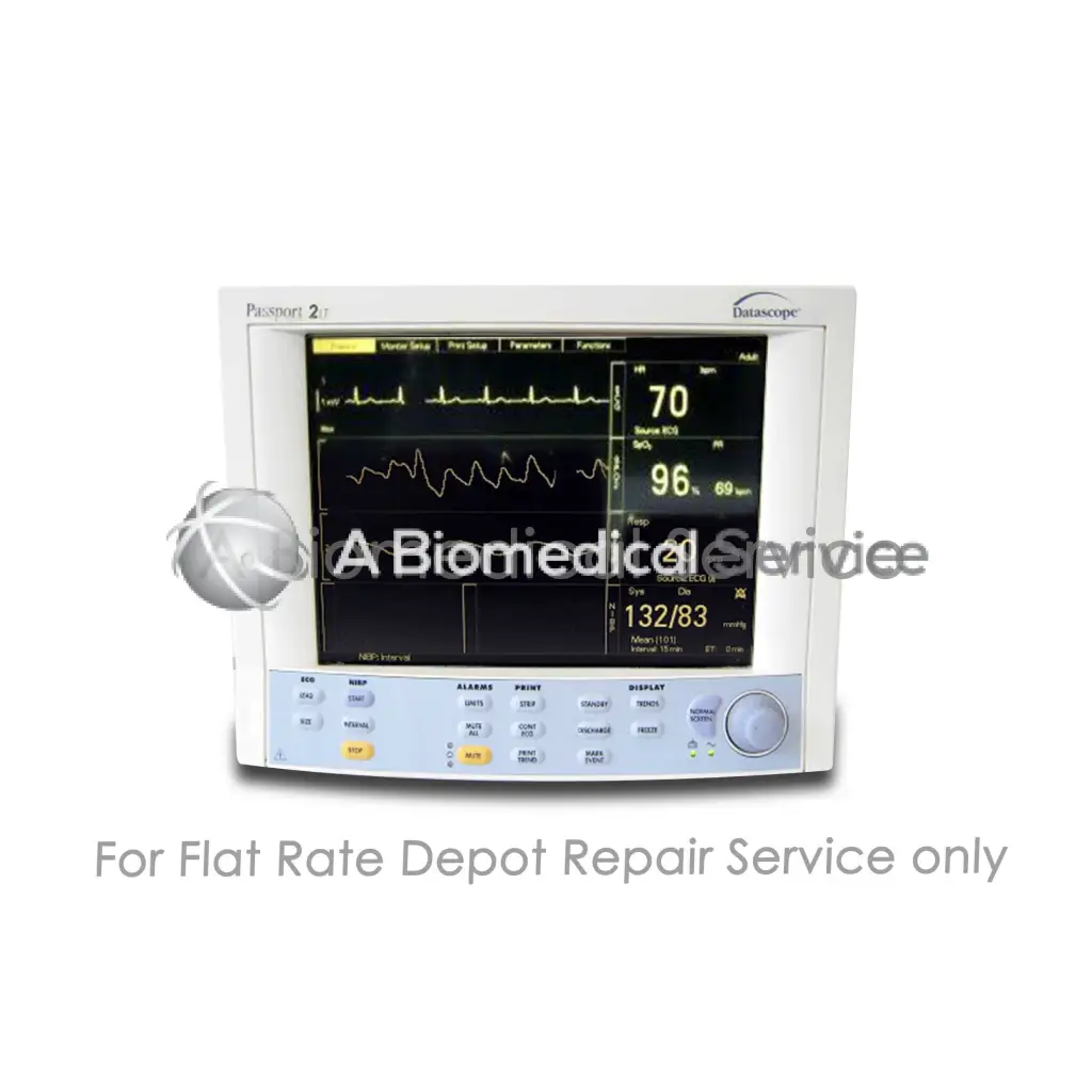 White rectangular datascope passport 2lt medical equipment monitor with black screen showing vital signs for repair service