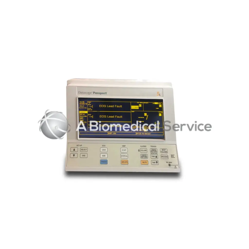 Beige datascope passport 5L patient monitor with digital display showing ECG readings and error messages