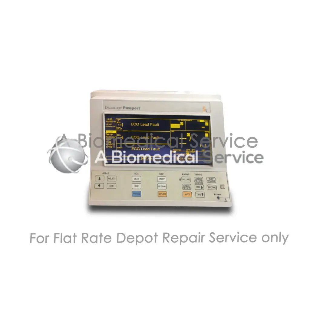 Beige datex-ohmeda passport 5l patient monitor with digital ecg lead fault alerts and buttons for medical equipment repair service