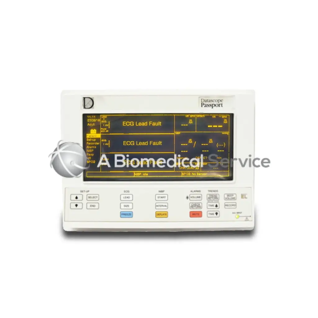 White datascope passport el patient monitor with yellow ecg lead fault display and multiple control buttons below screen