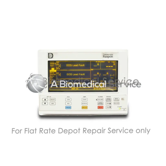 White datascop passport el patient monitor with yellow ecg lead fault display and control buttons for repair service of medical equipment