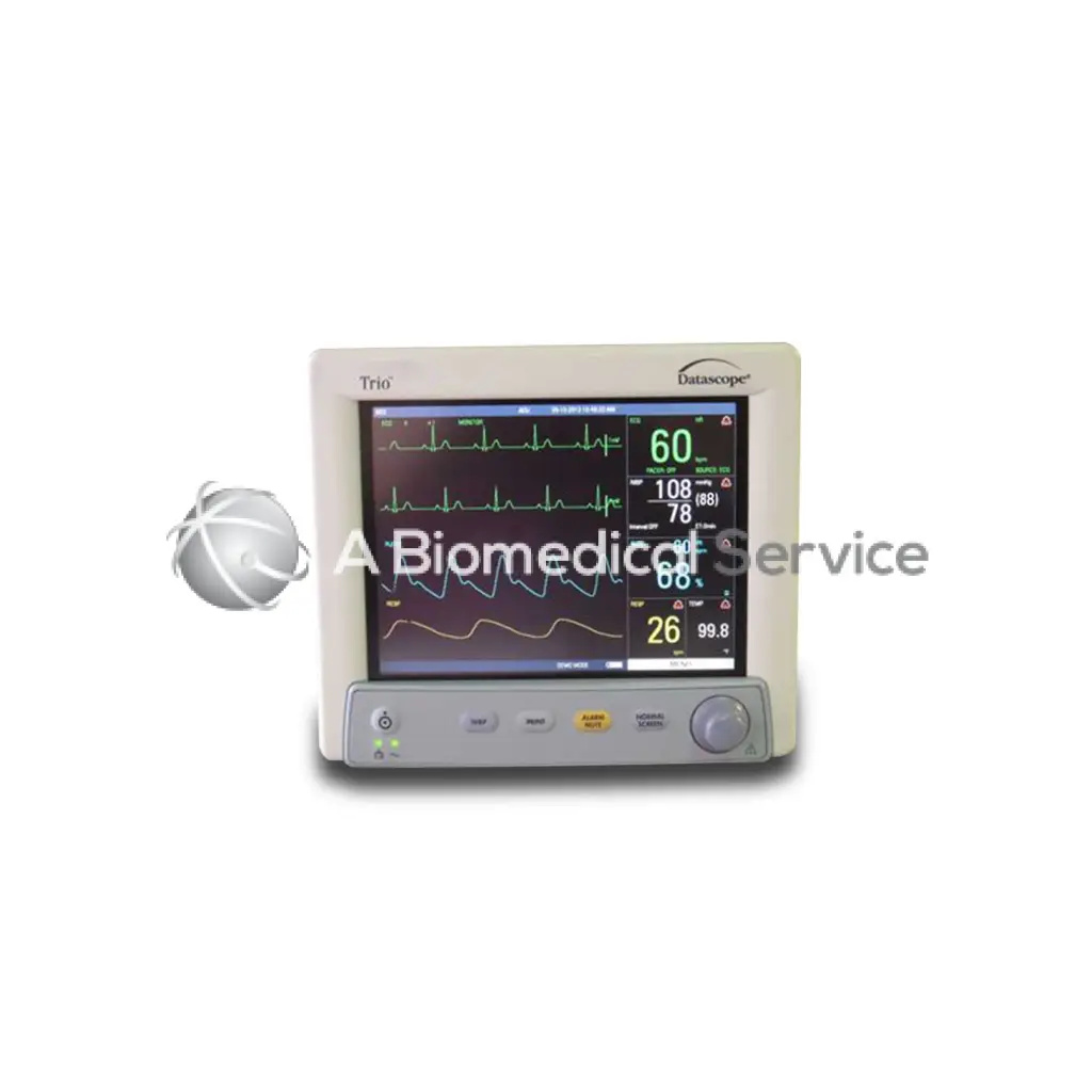 Cream-colored Datascope Trio patient monitor with digital display showing multiple vital signs and waveforms