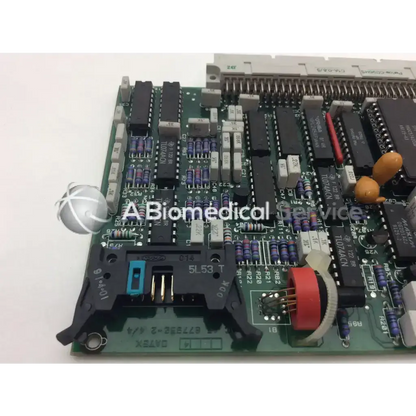 Datex ac 4f 877950-2 880270-1 green pcb circuit board with black integrated circuits and purple resistors with connectors