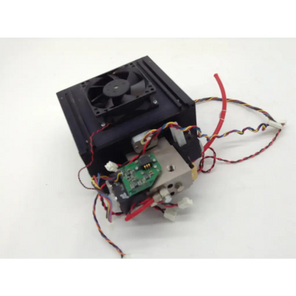 Black rectangular Datex-Ohmeda adu s5 anesthesia machine part with fan and exposed circuit boards and wires