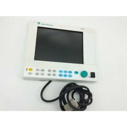 White datex-ohmeda d-lcc10w flat panel lcd monitor with black screen, colorful buttons, and green circular knob