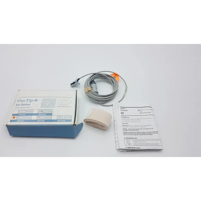 Gray coiled cable with orange connector and beige elastic band for ohmeda oxytip plus ear sensor medical device