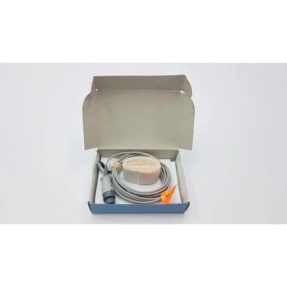 Gray coiled cable with beige padded strap and gray connector in box for ohmeda oxytip plus ear sensor oxy-e4-n