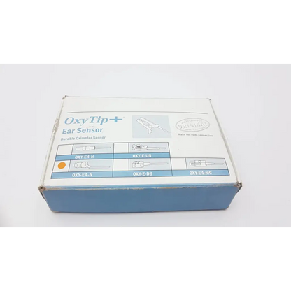 Blue and white cardboard box for ohmeda oxytip plus ear sensor datex-ohmeda oxytip plus ear sensor oxy-e4-n