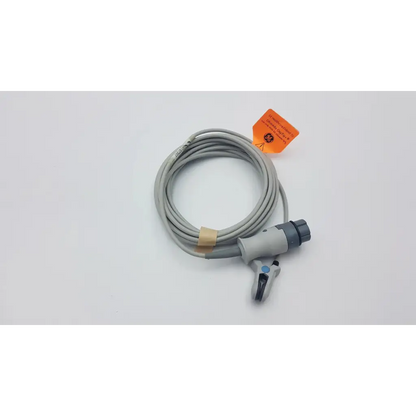 Gray coiled medical cable with gray and black connector and orange tag for ohmeda oxytip plus ear sensor oxy-e4-n