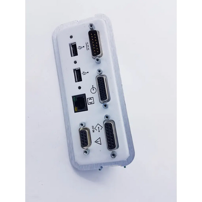 White plastic interface module with usb ethernet and serial ports for avance anesthesia machine parts p n 1009-6090-000 back side