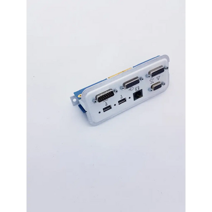 Silver-colored industrial i/o module with usb ethernet and serial ports for avance anesthesia machine parts p/n 1009-6090-000 back side