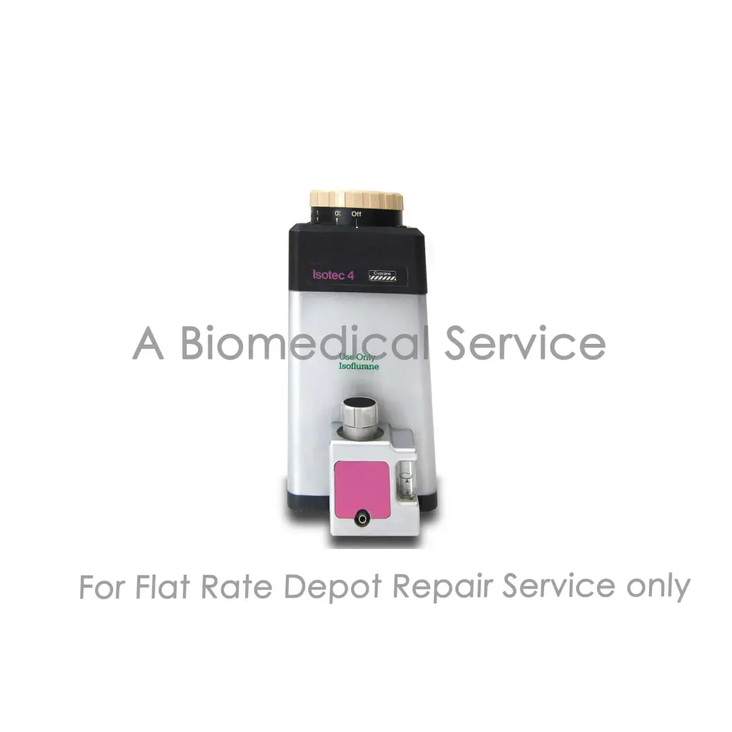 Isotec 4 isoflurane vaporizer with black top silver body and pink front panel for Datex Ohmeda TEC 4 flat-rate repair service medical equipment