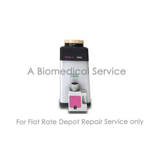 Isotec 4 isoflurane vaporizer with black top silver body and pink front panel for Datex Ohmeda TEC 4 flat-rate repair service medical equipment