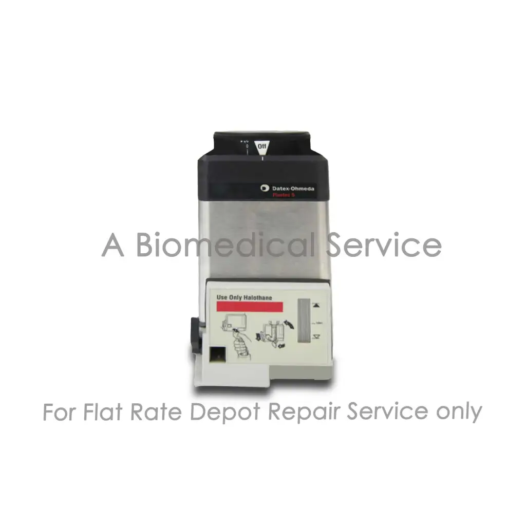 Black and silver Datex ohmeda medical equipment flat-rate repair service device with dates ohmeda branding on top panel