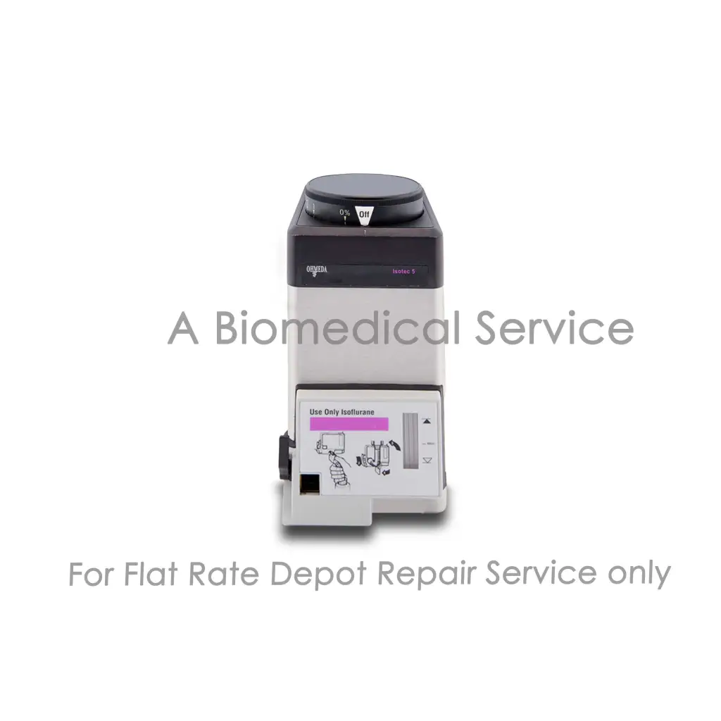 Gray and black orvita series 5 isoflurane vaporizer with on off dial for datex ohmeda tec 5 flat-rate medical equipment repair service