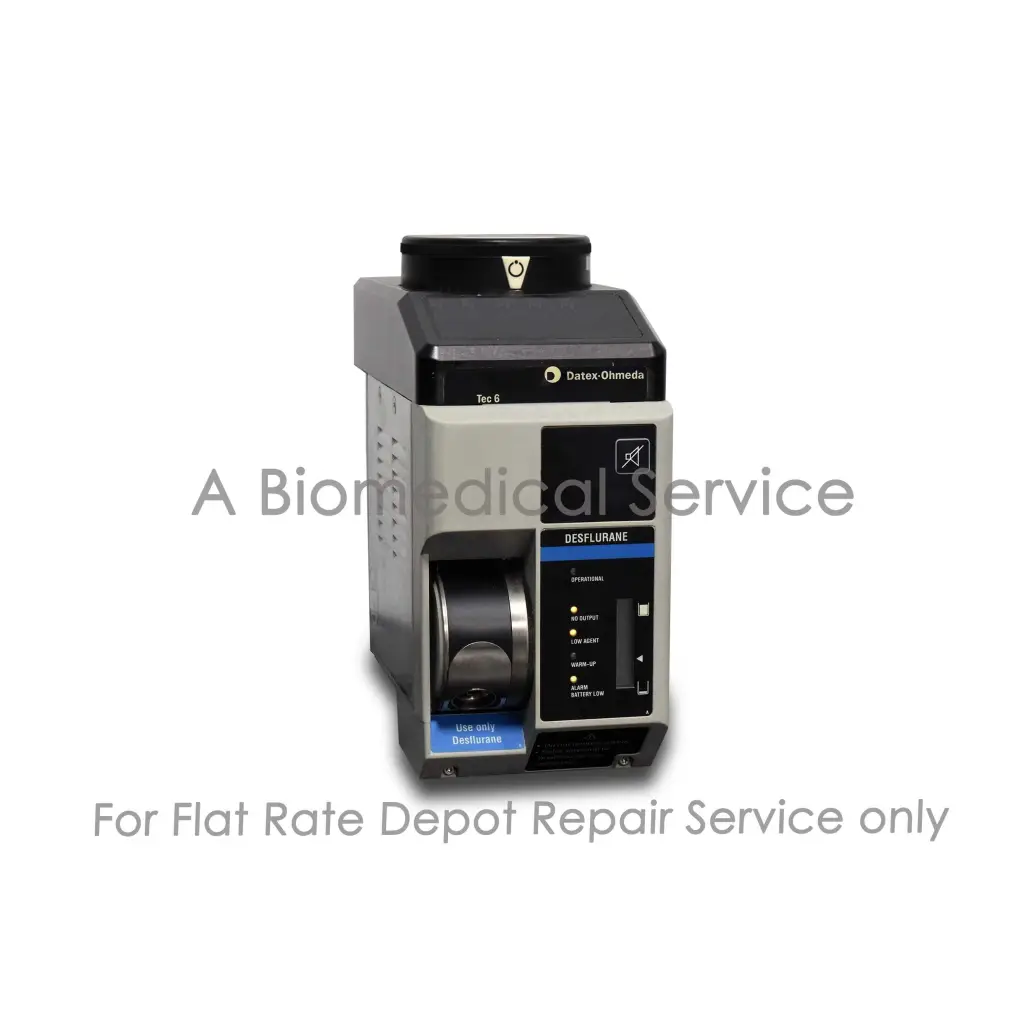 Gray and black Datex Ohmeda TEC 6 desflurane vaporizer with digital display for medical equipment repair service