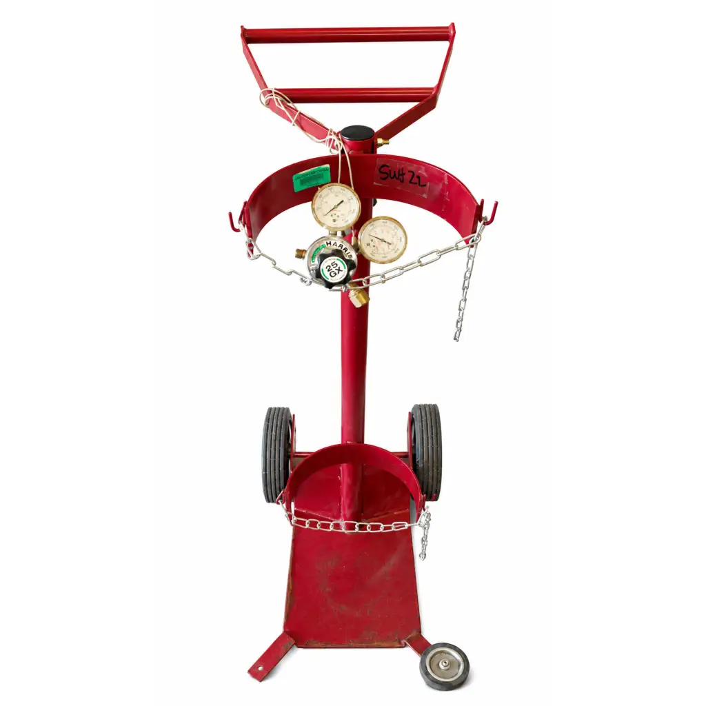 Red metal dayton 34d683 steel cylinder dolly with harris regulator two pressure gauges and green valve biomed certified