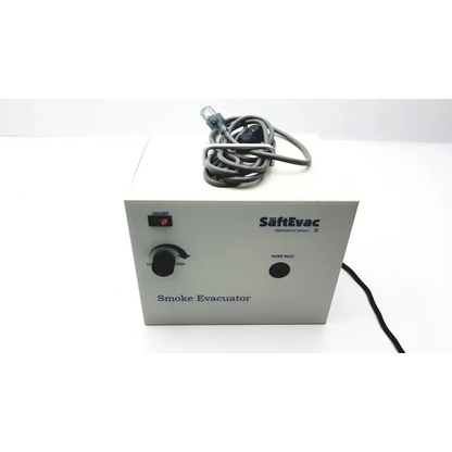White rectangular delasco model ev smoke evacuator 09ev065 with black control knob and coiled gray cable on top