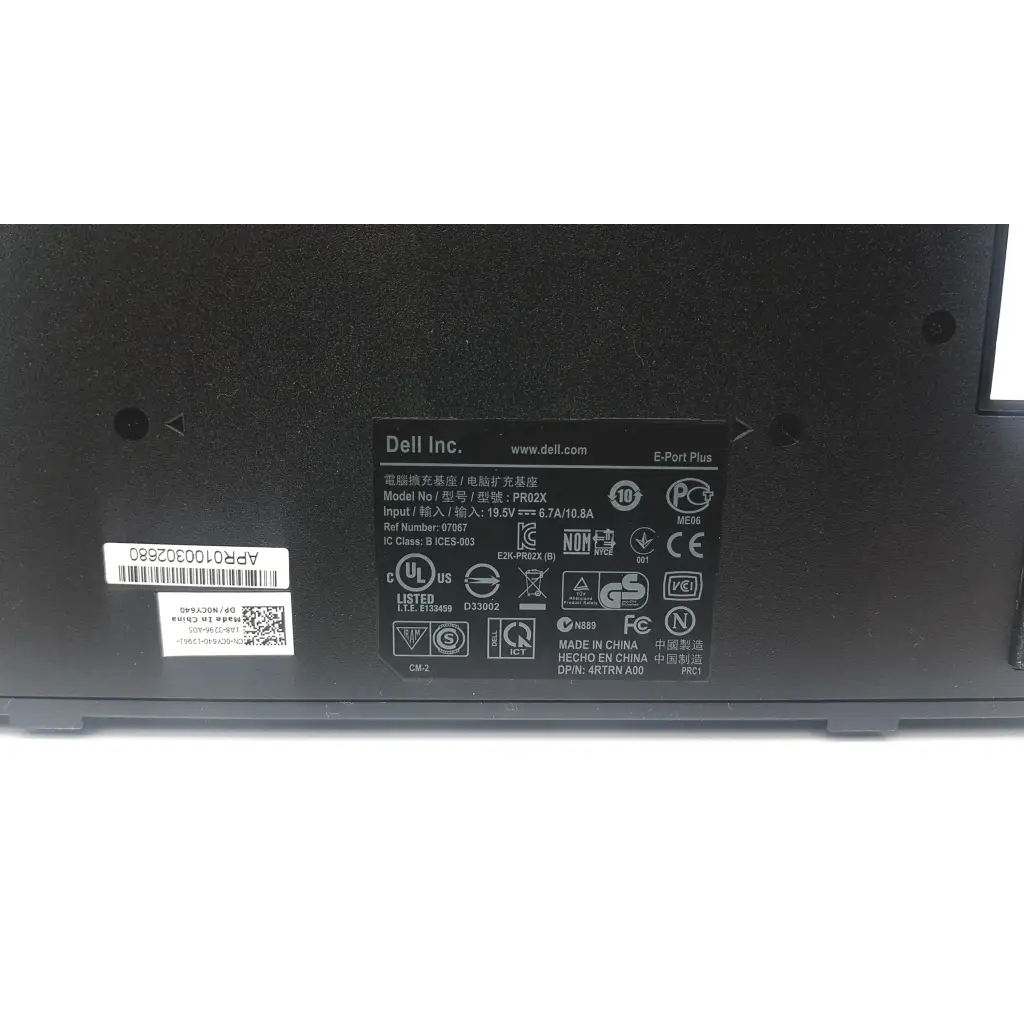 Black dell advanced pr02x replicator power adapter with matte finish and regulatory compliance labels