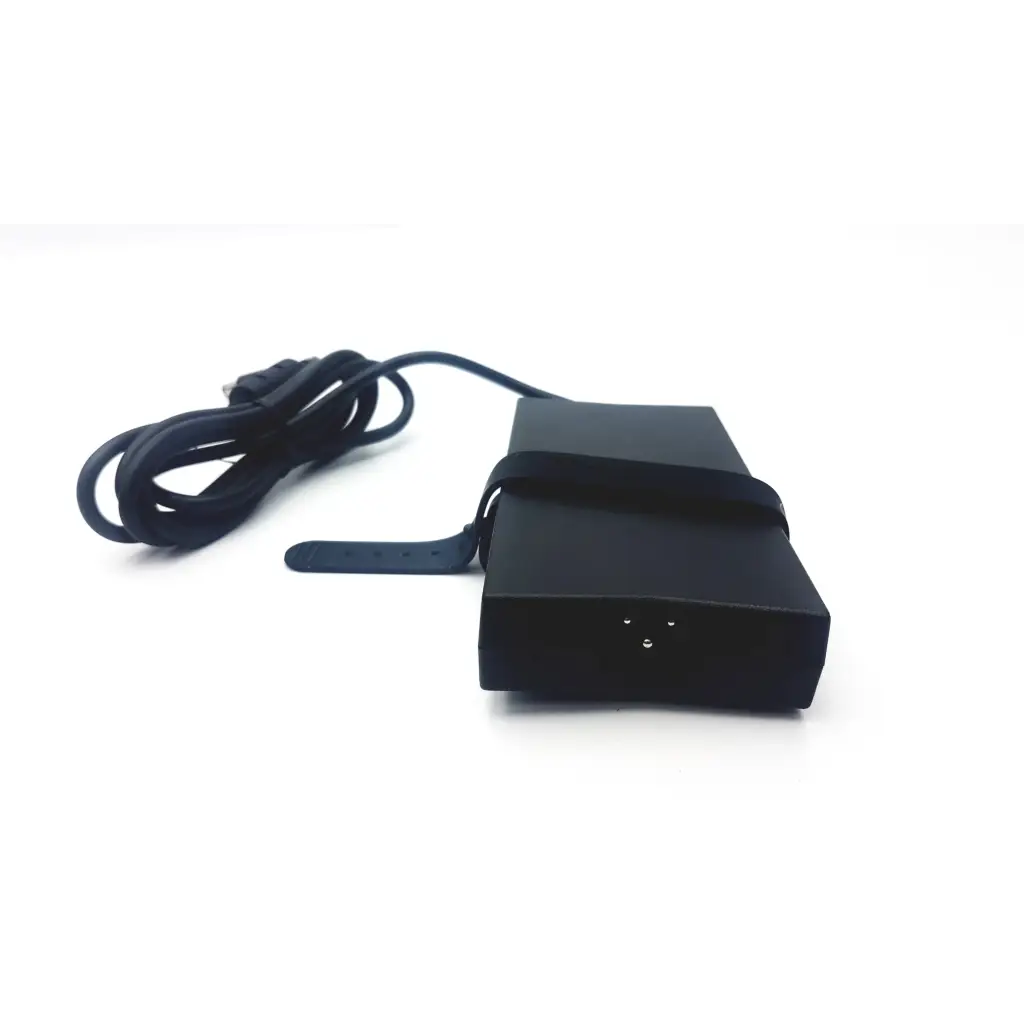 Black rectangular dell advanced pr02x replicator laptop charger with coiled power cord and securing strap