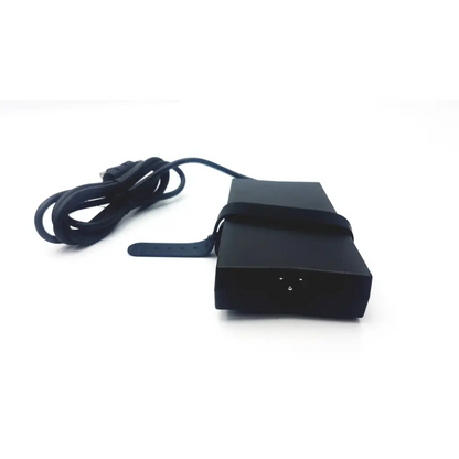 Black rectangular dell advanced pr02x replicator laptop charger with coiled power cord and securing strap