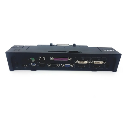 Black dell advanced pr02x replicator docking station back view with vga hdmi usb ethernet ports and ac adaptor