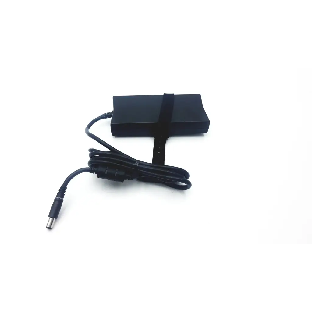 Black rectangular dell advanced pr02x replicator laptop charger with coiled power cable and metal connector