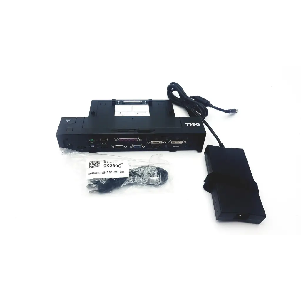 Black dell advanced pr02x replicator docking station with multiple ports and power adapter shown from the back side
