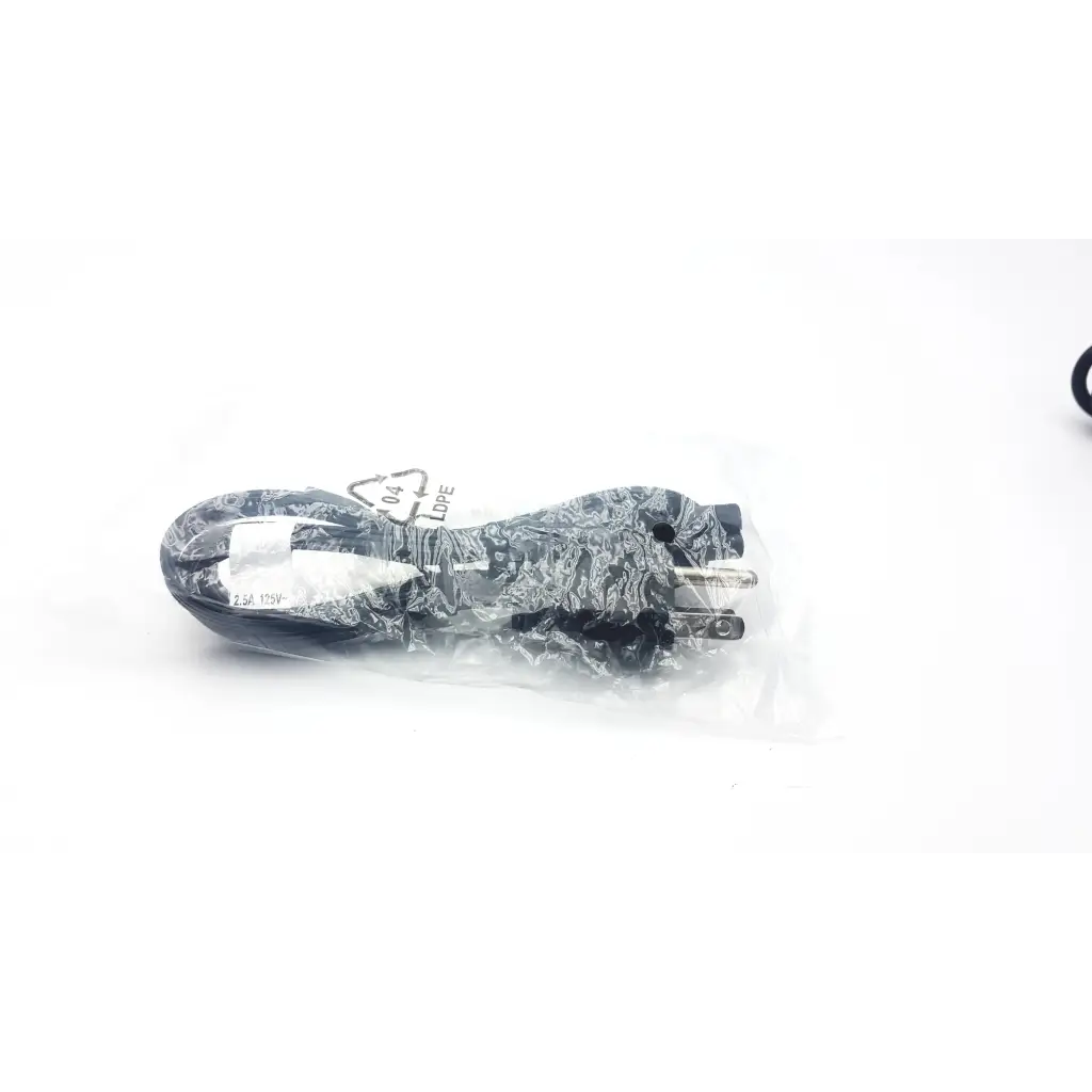 Black power cord with two-prong plug wrapped in clear plastic for dell advanced pr02x replicator ac adaptor