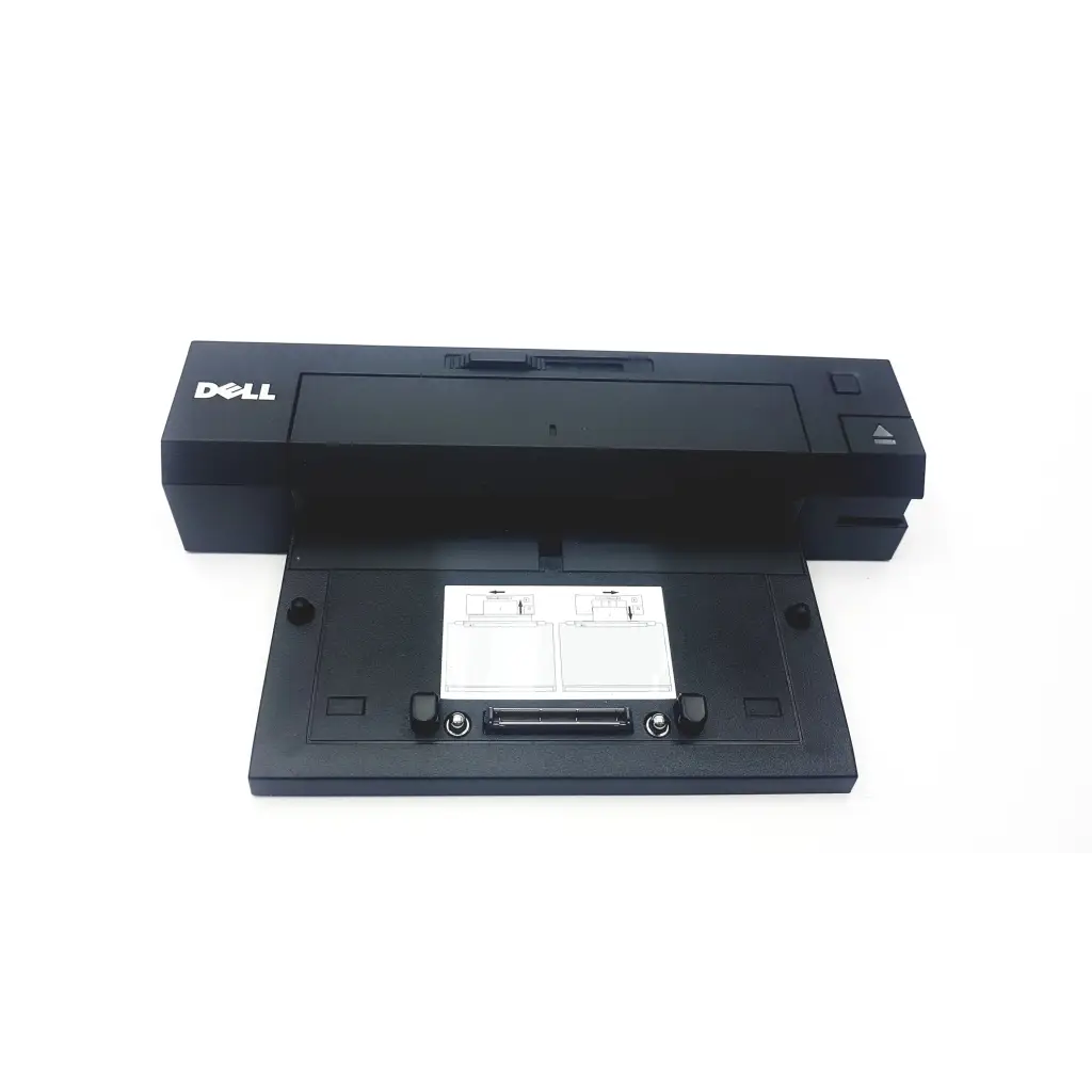 Black dell advanced pr02x replicator docking station with sleek rectangular design and integrated ports facing back side