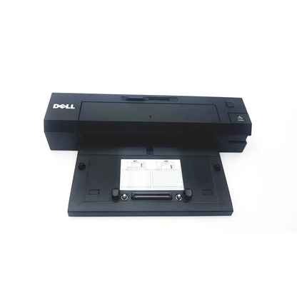 Black dell advanced pr02x replicator docking station with sleek rectangular design and integrated ports facing back side