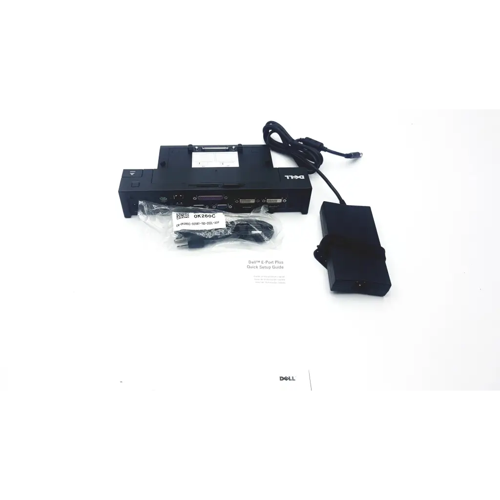Black dell advanced pr02x replicator docking station with multiple ports and power adapter shown from back side