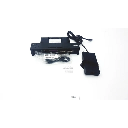Black dell advanced pr02x replicator docking station with multiple ports and power adapter shown from back side