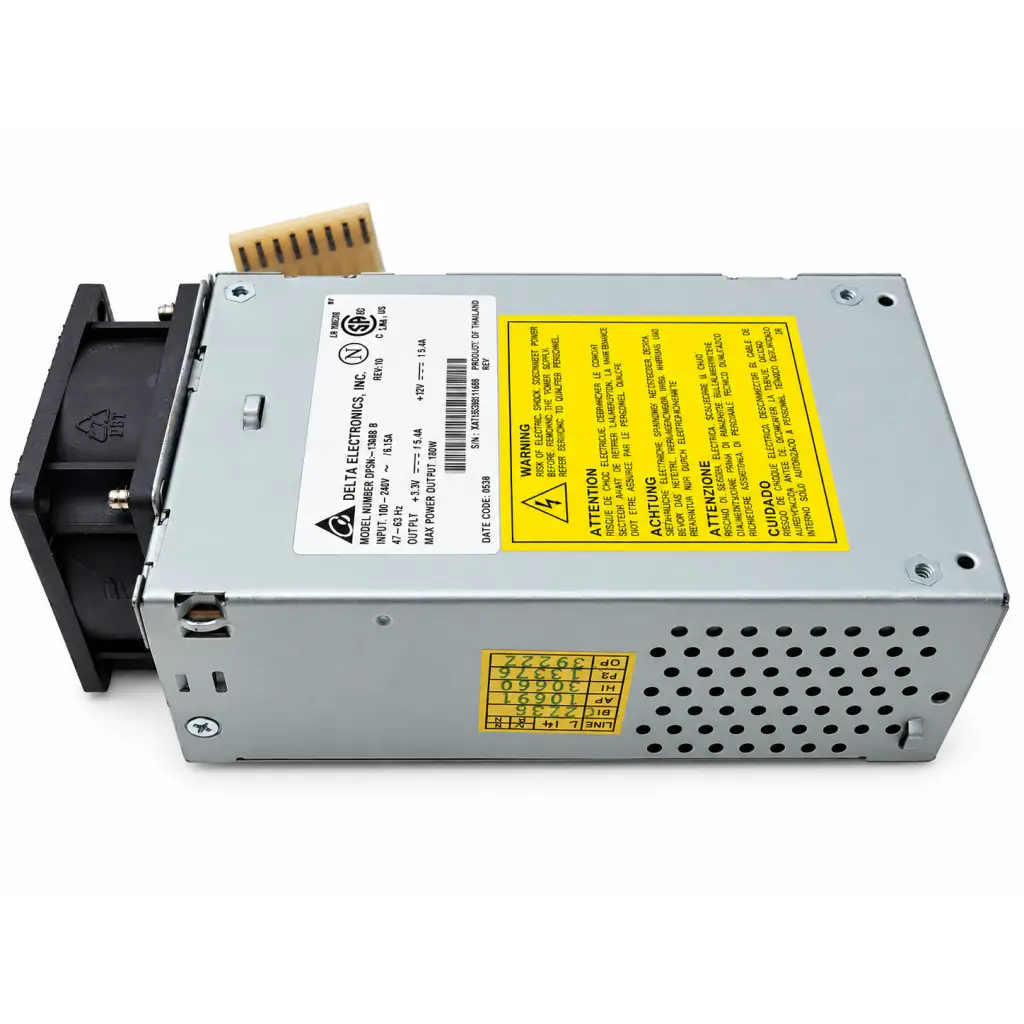 Silver metallic delta electronics dpsn-130ab b 130w switching power supply unit with black plastic and yellow warning labels