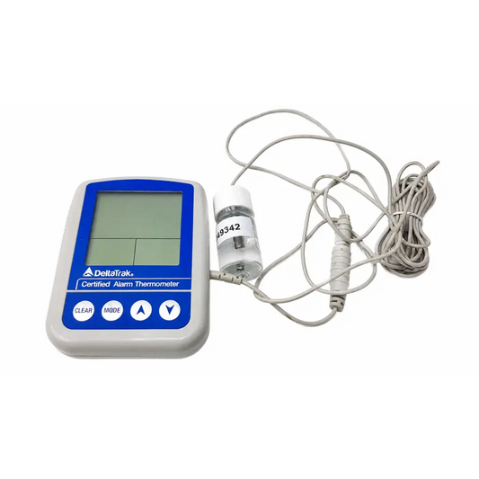Deltatrak central alarm thermometer with blue gray casing digital display and white sensor probe