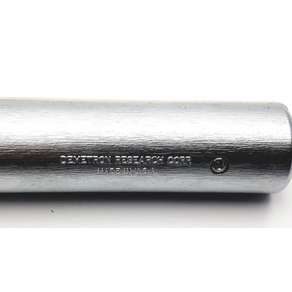 Silver cylindrical metal rod with brushed finish engraved demetron research corp and made in usa for demetron digilog electronic pulp tester