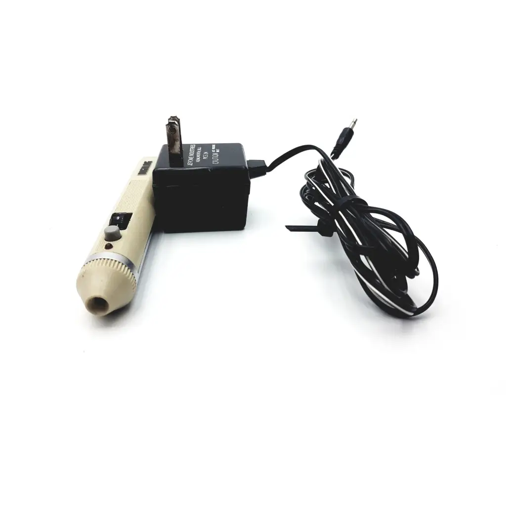 Beige demetron digilog electronic handheld nail drill with silver band and black power adapter for digilog electronic pulp testing