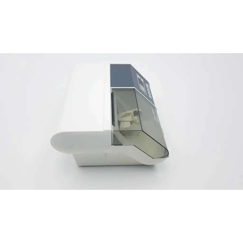White and gray wall-mounted paper towel dispenser with transparent front panel for densply promix dental amalgamator mixing system