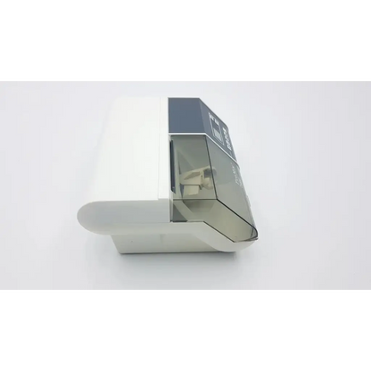 White and gray wall-mounted paper towel dispenser with transparent front panel for densply promix dental amalgamator mixing system