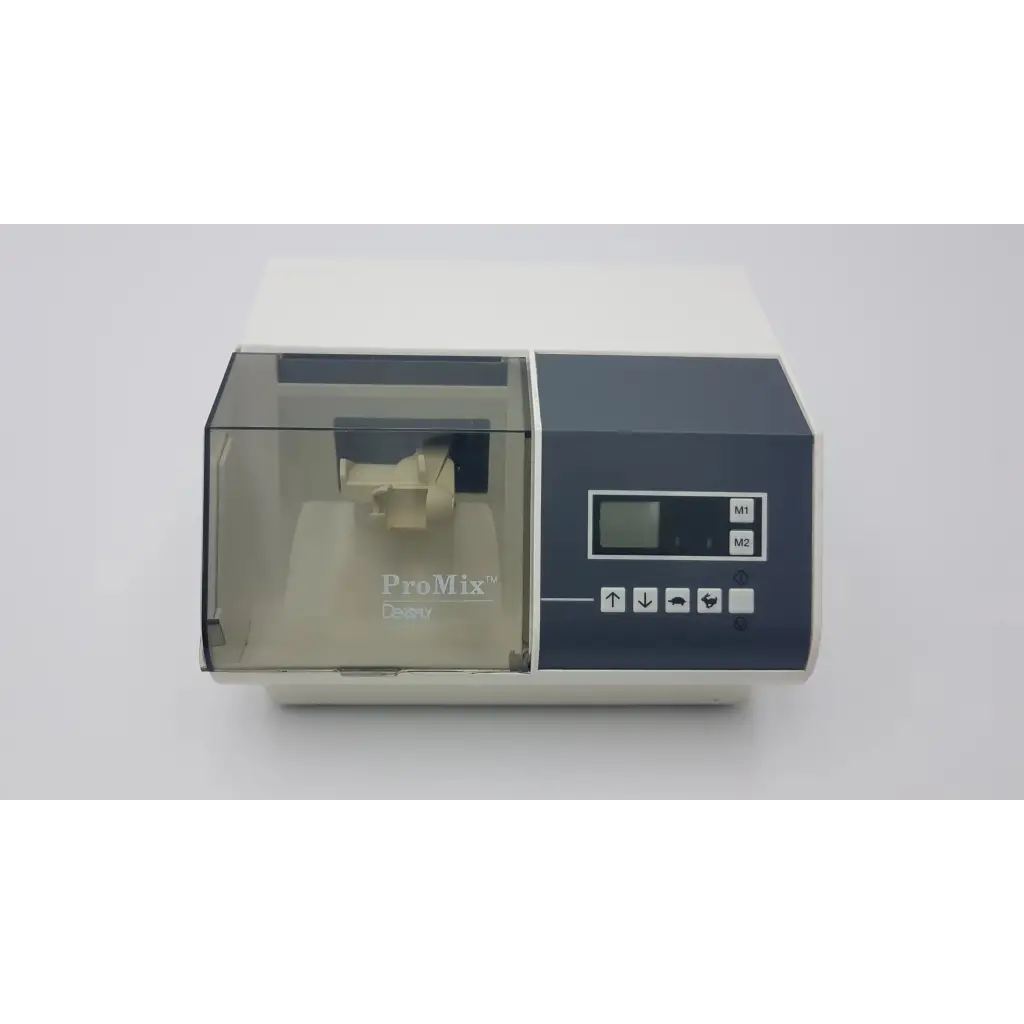 White and dark gray densply promix 400 dental amalgamator mixing system with transparent acrylic chamber and digital control panel