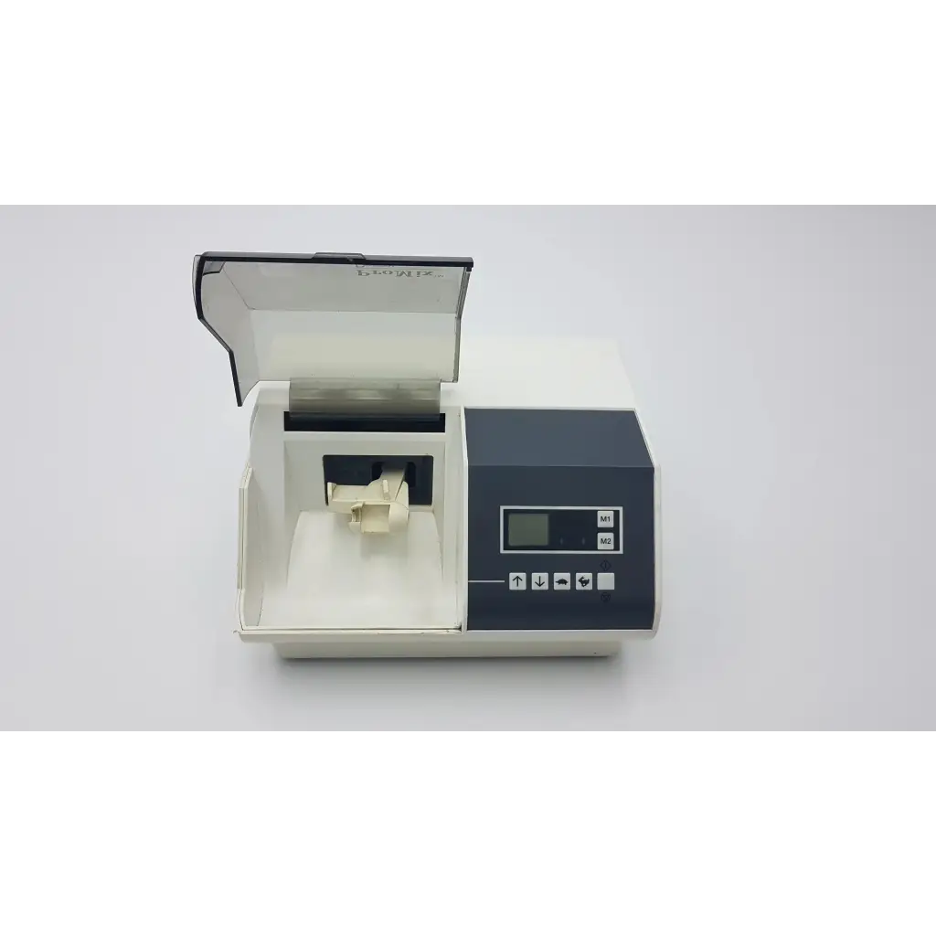 White and dark gray densply promix 400 dental amalgamator mixing system with transparent lid and digital display