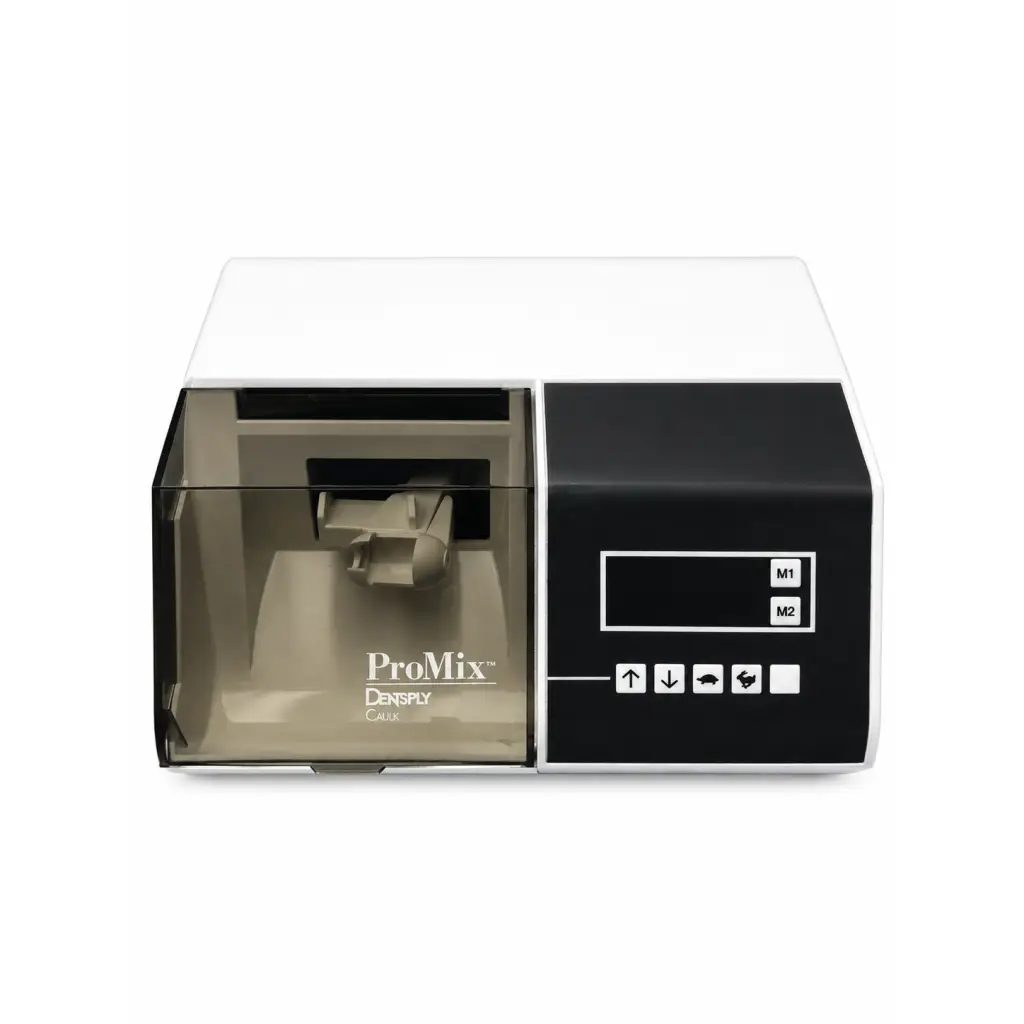 White and black dentsply caulk promix dental amalgamator with transparent front panel showing internal components