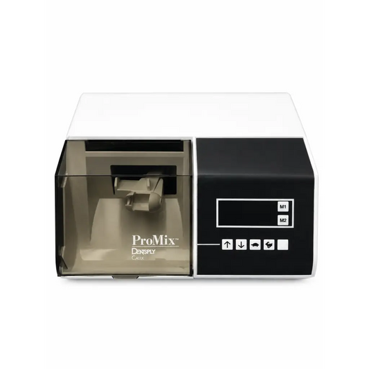 Dentsply Caulk ProMix dental amalgamator in white and black with transparent front panel showing internal components