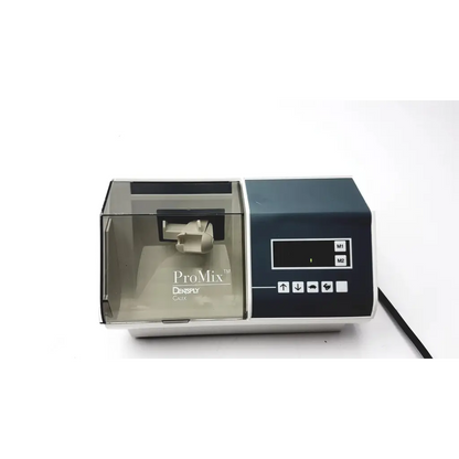 Dentsply ProMix 400 dental amalgamator with dark gray silver body and transparent acrylic mixing chamber