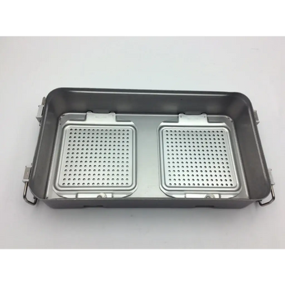 Stainless steel sterilization container with five-level solid base~28639 featuring two perforated compartments and side handles