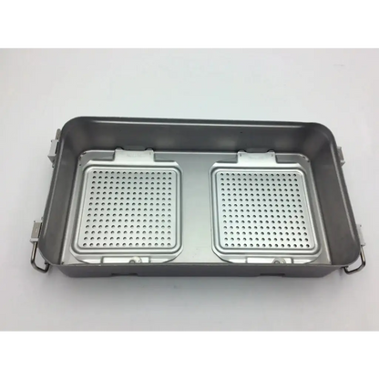 Silver stainless steel sterilization container with two perforated compartments and side handles five-level solid base 28639