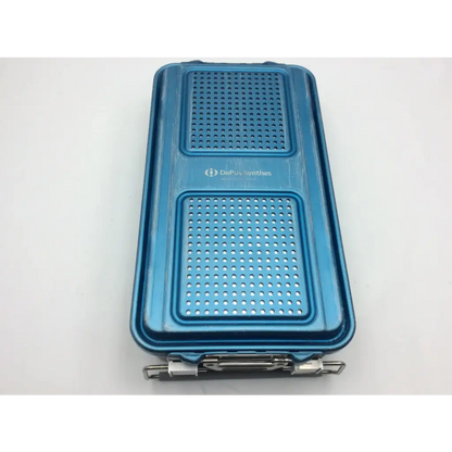 Blue perforated metal sterilization container with five-level solid base 28639 by depuy synthes