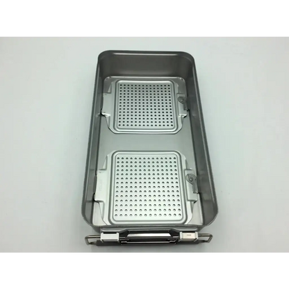 Silver stainless steel sterilization container DePuy 62.019.005 with two perforated compartments and five-level solid base~28639